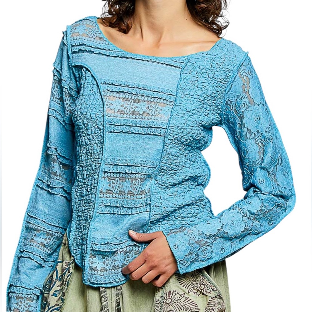 POL Blue Lace Panel Long Sleeve Top